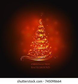 Abstract background with gold christmas tree and stars. Illustration in red and gold colors. Vector illustration.