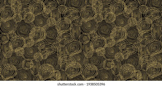Abstract background with Gold circles and spirals on a black. Simple Seamless pattern. Hand drawn doodle clipart. For card, children project, fabric, textile, wrapping.