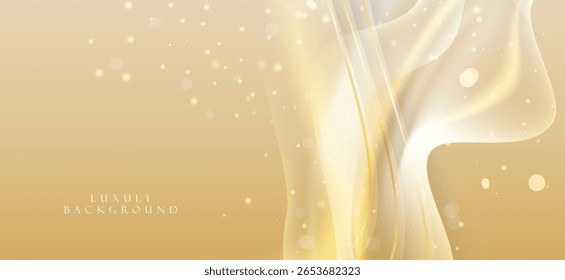 Fundo abstrato em tons de ouro e creme tem uma sensação luxuosa e elegante, usando linhas e pequenos pontos de luz espalhados suavemente por toda a imagem, criando profundidade e movimento suave.