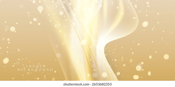 Fundo abstrato em tons de ouro e creme tem uma sensação luxuosa e suave, usando linhas naturais e pequenos pontos de luz espalhados por toda a imagem.