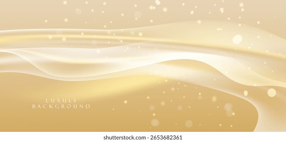 Fundo abstrato em tons de ouro e creme tem uma sensação luxuosa e suave, com linhas e pequenos pontos de luz espalhados por toda a imagem, criando profundidade e movimento sutil.