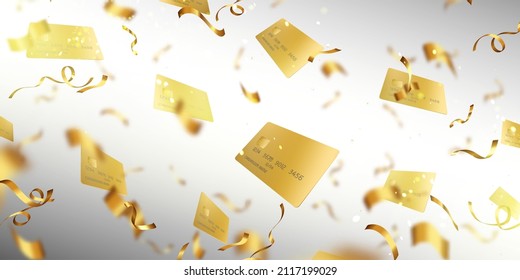 Fondo abstracto con tarjetas de crédito de oro y confetti volando al azar sobre un fondo borroso. Vip bank client golden felicitaciones, presentación de negocios financieros Diseño de plantillas vectoriales 3d realista