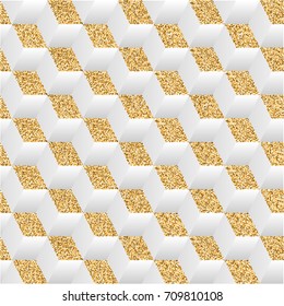 Abstract background with gold dust and shadows. The play of light and shadow, the chess pattern in the isometric. Geometric illusion, 3D illustration.