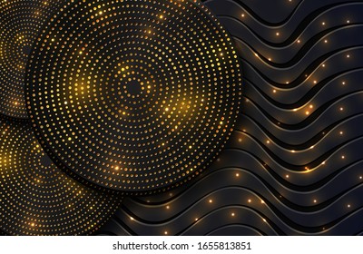 Abstract background with gold glitter particles and sparkling light on black wavy lines surface. Elegant background wallpaper template