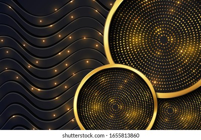 Abstract background with gold glitter particles and sparkling light on black wavy lines surface. Elegant background wallpaper template