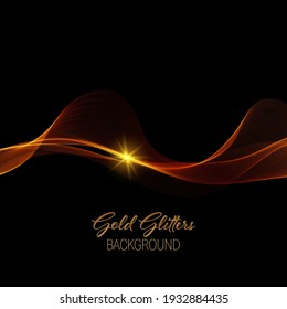 Abstract background, gold glitters, golden lines waves, smooth horizontal wave on a dark background