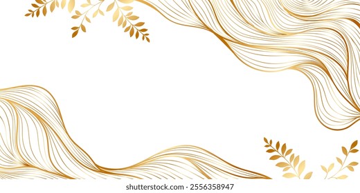 Abstract Background with Gold Line Waves and Floral Decorations . Japanese banner with golden sea waves with plants and leaves. Wedding card