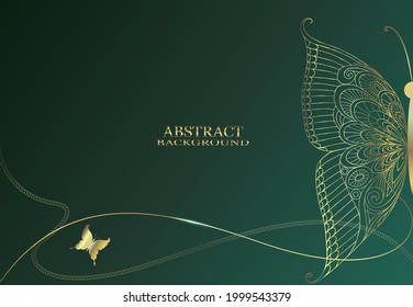 Abstract background with gold lines and butterflies on a green background.