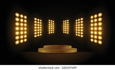 Resumen del podio de oro de fondo para la presentación del escenario del estadio del estadio del producto con luces escénicas de neón futurista redondeado y rayas.Fondo del escenario de iluminación vectorial de oro.