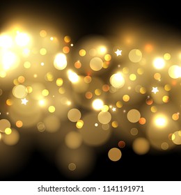 Abstract background with gold sparkles. Shiny defocused gold bokeh lights on black background. Festive gold background for card, flyer, invitation, placard, voucher.