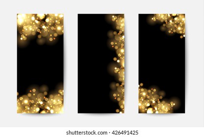 Abstract background with gold sparkles. Shiny defocused gold bokeh lights on black background. Festive background for card, flyer, invitation, placard, voucher, banner.