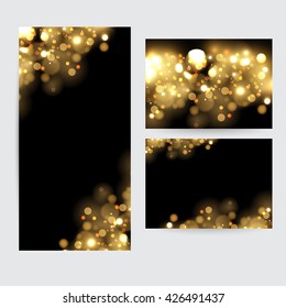 Abstract background with gold sparkles. Shiny defocused gold bokeh lights on black background. Festive background for card, flyer, invitation, placard, voucher, banner.