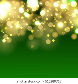 Abstract background with gold sparkles. Shiny defocused gold bokeh lights on green background. Festive gold background for card, flyer, invitation, placard, voucher.