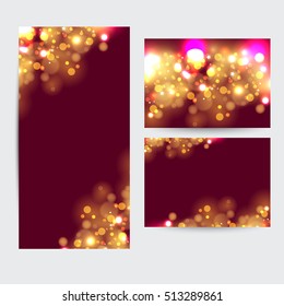 Abstract background with gold sparkles. Shiny defocused gold bokeh lights on red background. Festive background for card, flyer, invitation, placard, voucher, banner.