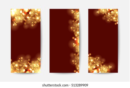 Abstract background with gold sparkles. Shiny defocused gold bokeh lights on red background. Festive background for card, flyer, invitation, placard, voucher, banner.