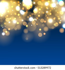 Abstract background with gold sparkles. Shiny defocused gold bokeh lights on blue background. Festive gold background for card, flyer, invitation, placard, voucher.