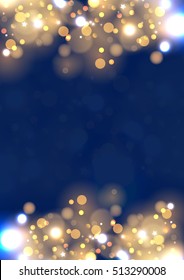 Abstract background with gold sparkles. Shiny defocused gold bokeh lights on blue background. Festive gold background for card, flyer, invitation, placard, voucher, banner.