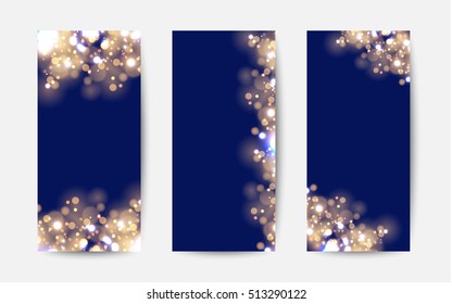 Abstract background with gold sparkles. Shiny defocused gold bokeh lights on blue background. Festive background for card, flyer, invitation, placard, voucher, banner.