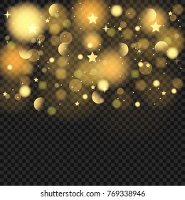 Abstract background with gold sparkles. Shiny defocused gold bokeh lights on dark transparent background. Festive gold background for card, flyer, invitation, placard, voucher.