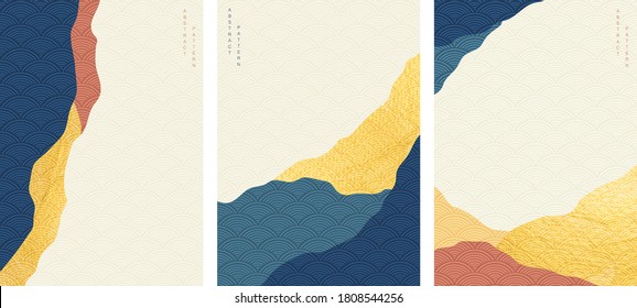 Abstract background with gold texture vector. Art acrylic element with Japanese wave pattern in oriental style.