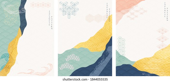 Abstract background with gold texture vector. Art acrylic element with Japanese wave pattern in oriental style.