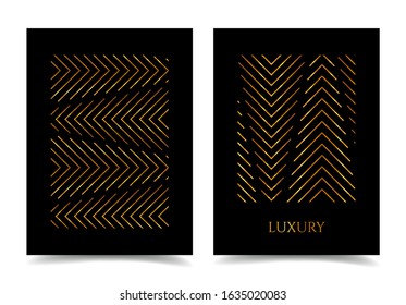 Abstract background with golden arrows on a black. Modern cover design.  Luxury poster.  Bright gold stripes.