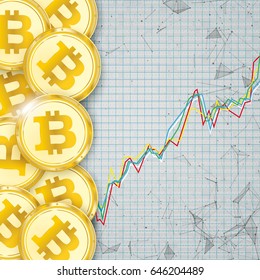 Abstract background with golden bitcoins, chart, connected dots and data. Eps 10 vector file.