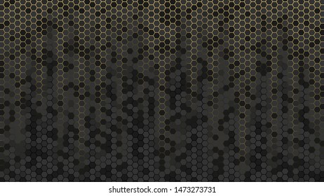 Abstract background with golden and black hexagons. Vector honeycomb wallpaper for banner