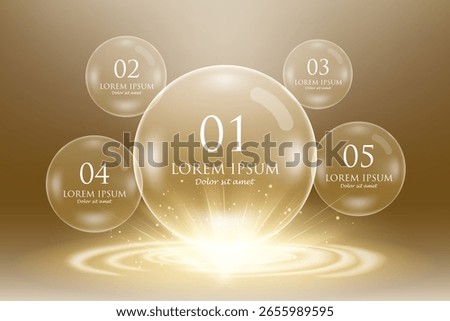 Abstract background with golden bubbles and light sparkles. Infographic 5 option template. banner, poster, flyer design.