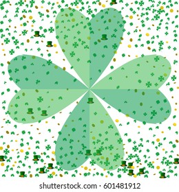 Abstract Background with Golden Coins, with Green leaves of the Three-leafed Four-leaf Clover and Tall Hats. Trendy Pattern Confetti Falling Stars for Print, Paper, Textile, Wallpaper.