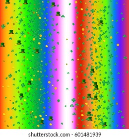Abstract Background with Golden Coins, with green leaves of Three-Leaf and Four-leaf Clover, Rainbow and High Hats. Trendy Pattern Confetti Falling Stars for Print, Paper, Textile, Wallpaper.