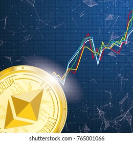 Abstract background with golden ethereum, chart, connected dots and data. Eps 10 vector file.