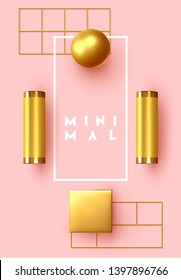 Abstract background with golden geometric elements. 3d shape vector minimal poster. Realistic gold objects. Creative art composition