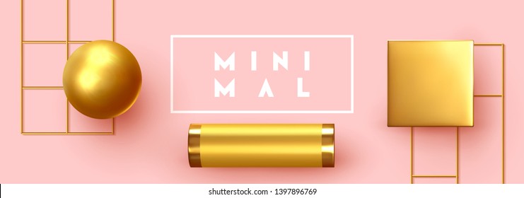 Abstract background with golden geometric elements. 3d shape vector minimal poster. Realistic gold objects. Creative art composition