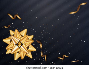 Abstract background with golden gift bow and star, confetti gold and black colors place for text.vector illustration
