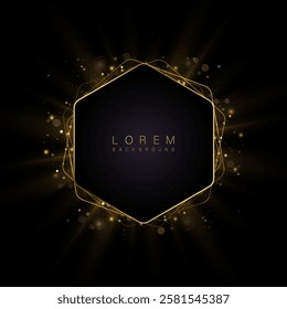 Abstract background with golden glowing lines forming a hexagon. Bright flashes and particles create an elegant and futuristic style, perfect for premium design.