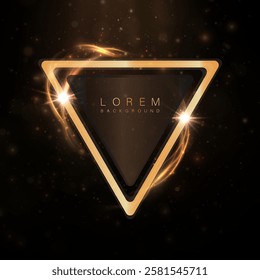 Abstract background with golden glowing lines forming a triangle. Bright flashes and particles create an elegant and futuristic style, perfect for premium design.
