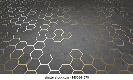 Abstract background with golden hexagons on stone surface, industrial