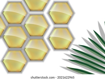 Antecedentes abstractos. Mosaico dorado hecho de tejas hexagonales y hojas verdes.