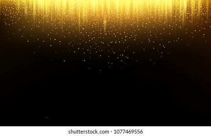 Abstract background of golden ray light of falling gold glitter particles