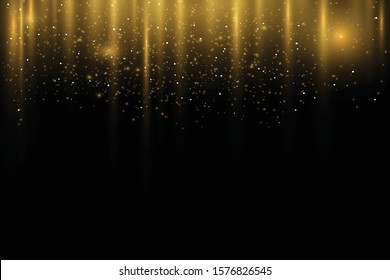
Abstract background. Golden rays of light with luminous magical dust. Glows in the dark. Flying particles of light. Vector illustration