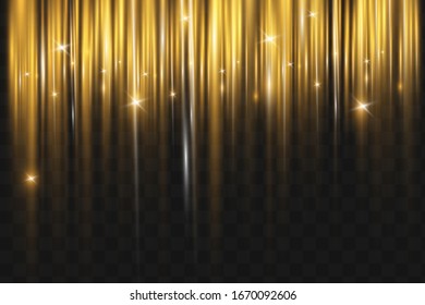  Antecedentes abstractos. Rayos dorados de luz con polvo luminoso mágico. Brilla en la oscuridad. Partículas voladoras de luz. Ilustración del vector