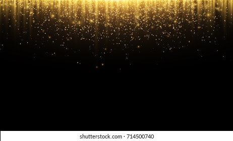 Abstract background. Golden rays of light with luminous magical dust. Glow in the dark. Flying particles of light. Vector illustration