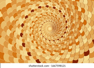 Abstrakter Hintergrund mit goldenen, runden geometrischen Elementen. Template Design für Einladung, Poster, Karte, Flyer, Banner. Dekorative Vektorillustration. Spiralbild.