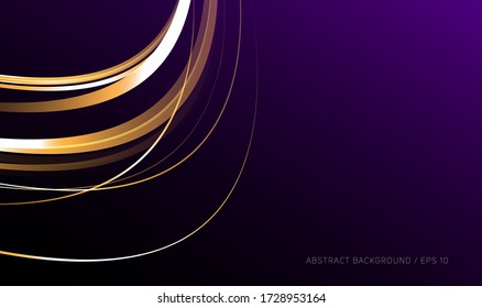 Abstract background with golden shiny stripes on dark purple gradient background, dynamic composition element, wallpaper