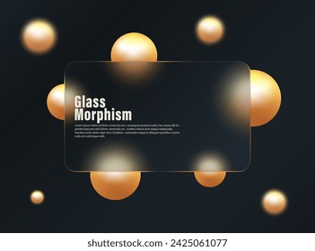 Abstract background, golden spheres on square transparent glass with black background. Dark glass morphism with space for text. Vector illustration.