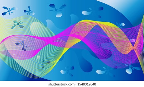 Abstract background with a gradient of blue with pink and yellow waves in the foreground. Undersea world. Space. Vector illustration.