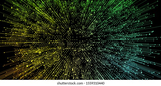 Abstract background with gradient color dots and lines on dark.