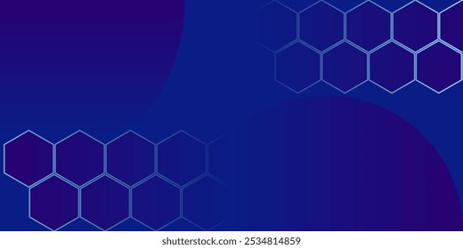 Abstract background with a gradient of dark to lighter blue shades, featuring a pattern of hexagons and overlapping semi-transparent circles, creating a sense of depth. Vector illustration