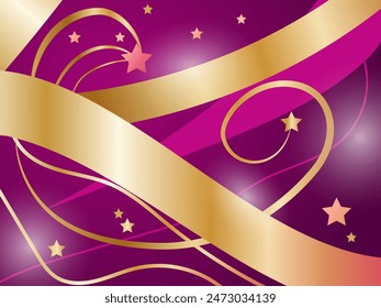 Abstract background with a gradient of different colors shades, purple pink and gold, stripes in the form of waves, similar to ribbons and stars. Vector graphics EPS10